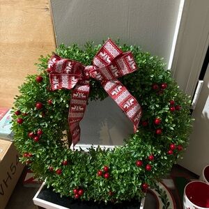 Crate&Barrel Green Wreath with Red Bow and Berries SET of TWO